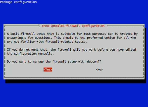 Debconf dialog for arno-iptables-firewall configuration.