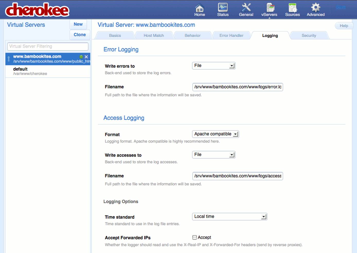 Specifying logging settings on the “Logging” tab of the vServers page of the Cherokee admin panel on Fedora 13. Specifying logging settings on the “Logging” tab of the vServers page of the Cherokee admin panel on Fedora 13.