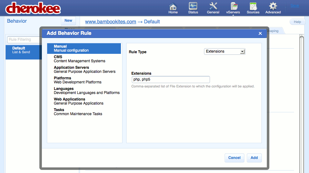 Creating a new extensions rule on the &ldquo;Behavior&rdquo; tab on the &ldquo;vServers&rdquo; page of the Cherokee admin panel on Fedora 13.