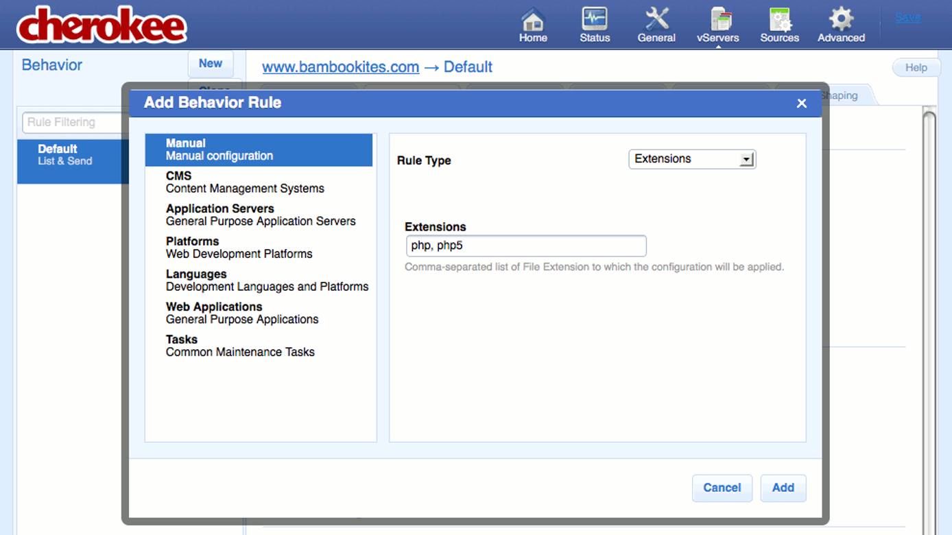 Creating a new extensions rule on the “Behavior” tab on the “vServers” page of the Cherokee admin panel on Fedora 13. Creating a new extensions rule on the “Behavior” tab on the “vServers” page of the Cherokee admin panel on Fedora 13.