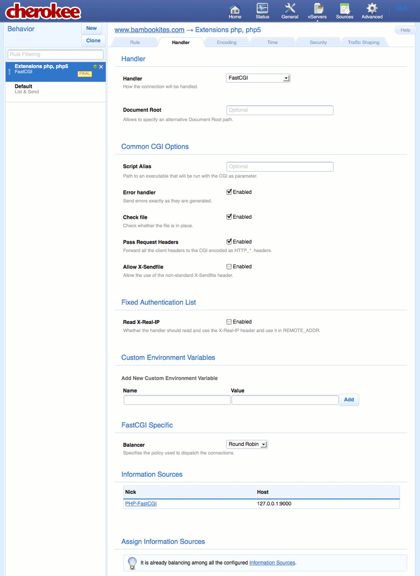 FastCGI settings for a new extensions rule on the “Behavior” tab on the “vServers” page of the Cherokee admin panel on Fedora 13. FastCGI settings for a new extensions rule on the “Behavior” tab on the “vServers” page of the Cherokee admin panel on Fedora 13.