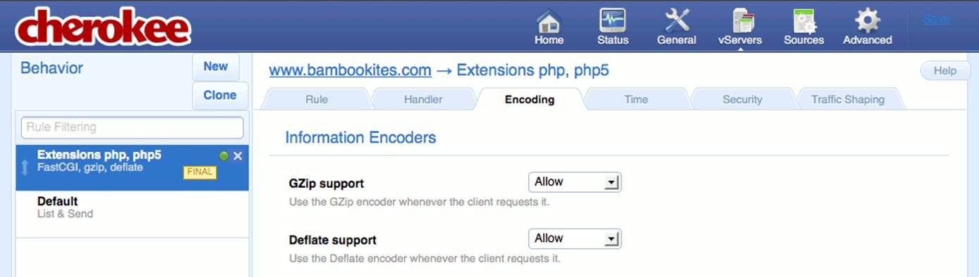 Enabling compression support for a new extensions rule on the “Behavior” tab on the “vServers” page of the Cherokee admin panel on Fedora 13. Enabling compression support for a new extensions rule on the “Behavior” tab on the “vServers” page of the Cherokee admin panel on Fedora 13.