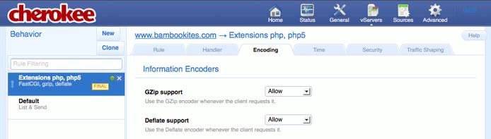 Enabling compression support for a new extensions rule on the “Behavior” tab on the “vServers” page of the Cherokee admin panel on Fedora 13. Enabling compression support for a new extensions rule on the “Behavior” tab on the “vServers” page of the Cherokee admin panel on Fedora 13.