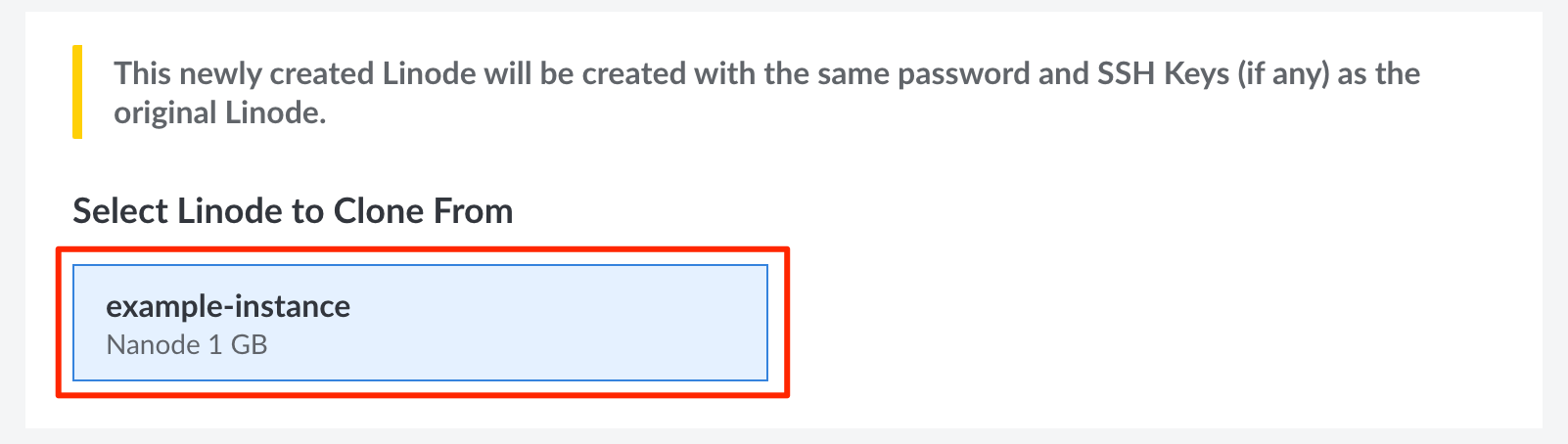 Screenshot showing the Compute Instance selection area of the Clone Linode workflow.