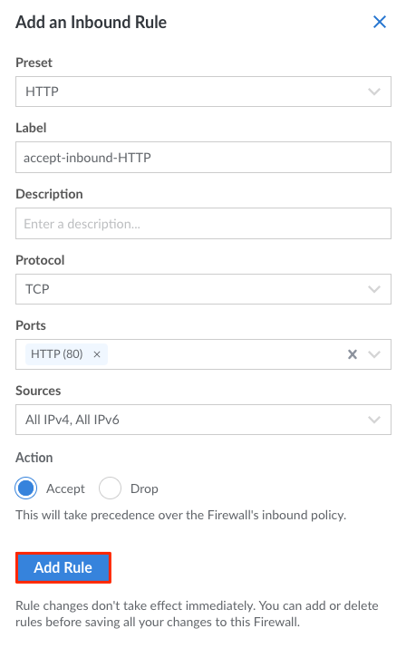 Click on Add Rule to add the new rule to this Firewall.