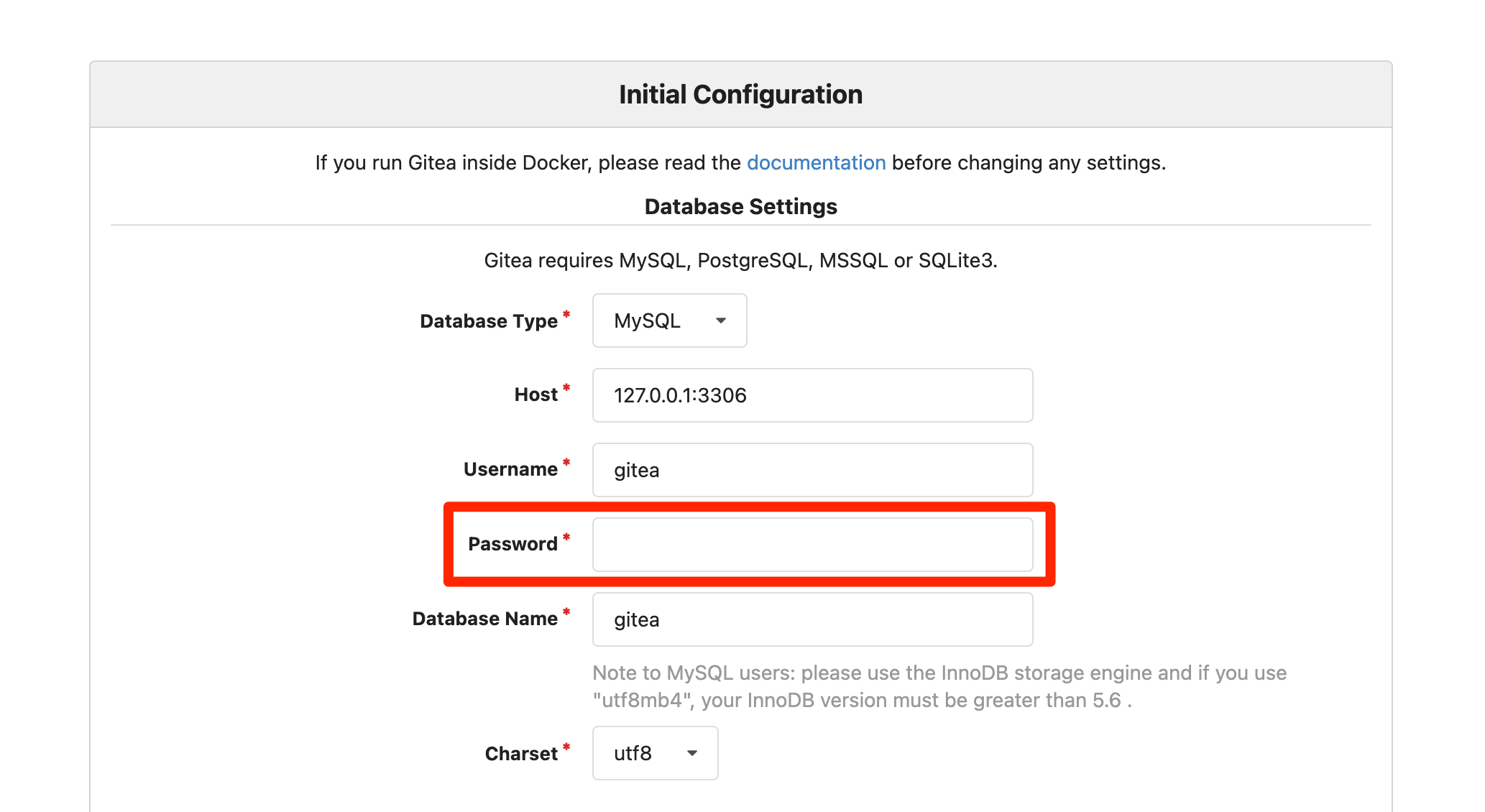 Gitea initial configuration settings.